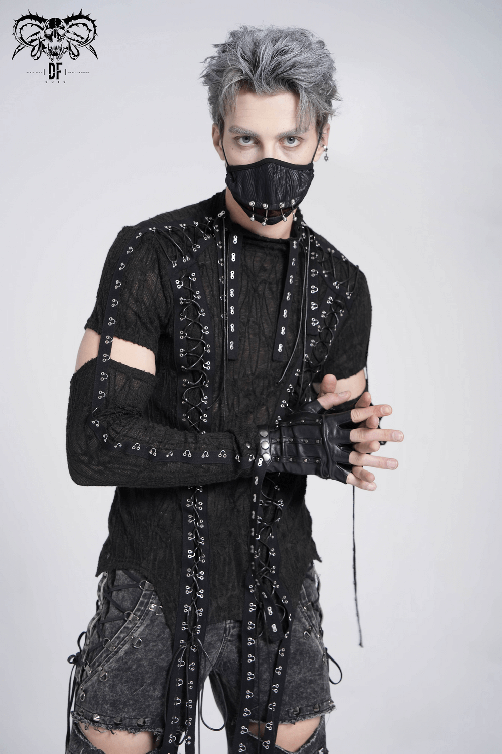 Men's gothic black punk top with cut-out sleeves, lacing detail, and matching mask for alternative fashion.