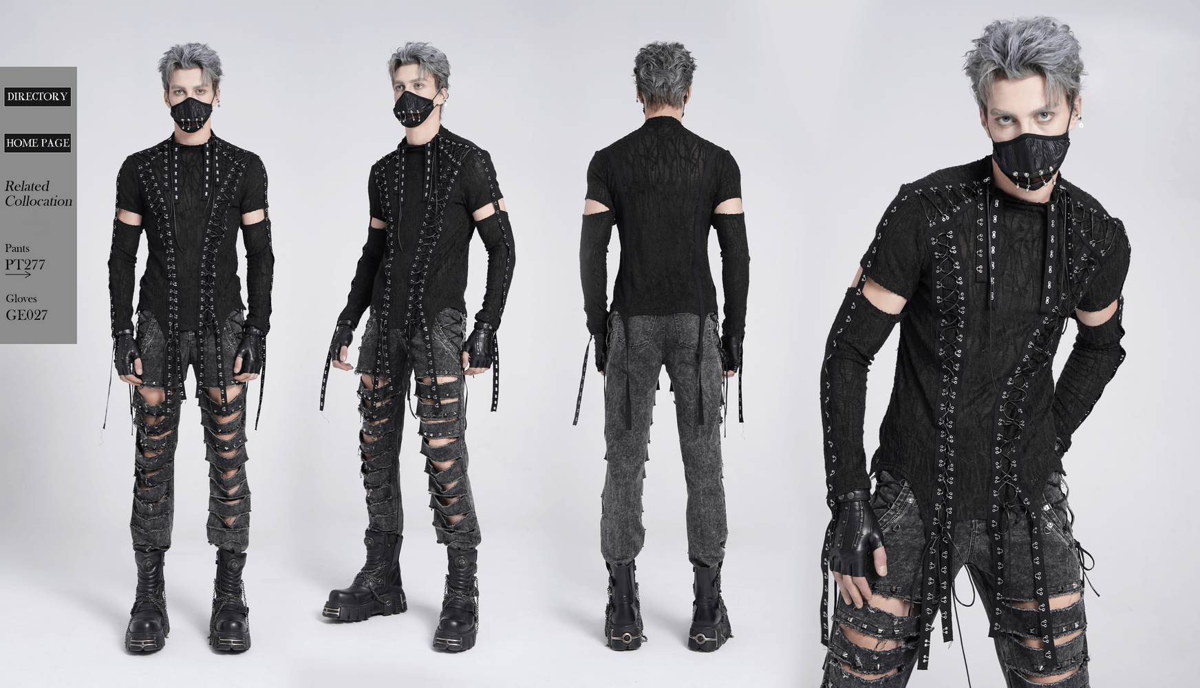 Men's gothic punk top with cut-out sleeves and lacing detail, styled in black mesh for a dramatic look.