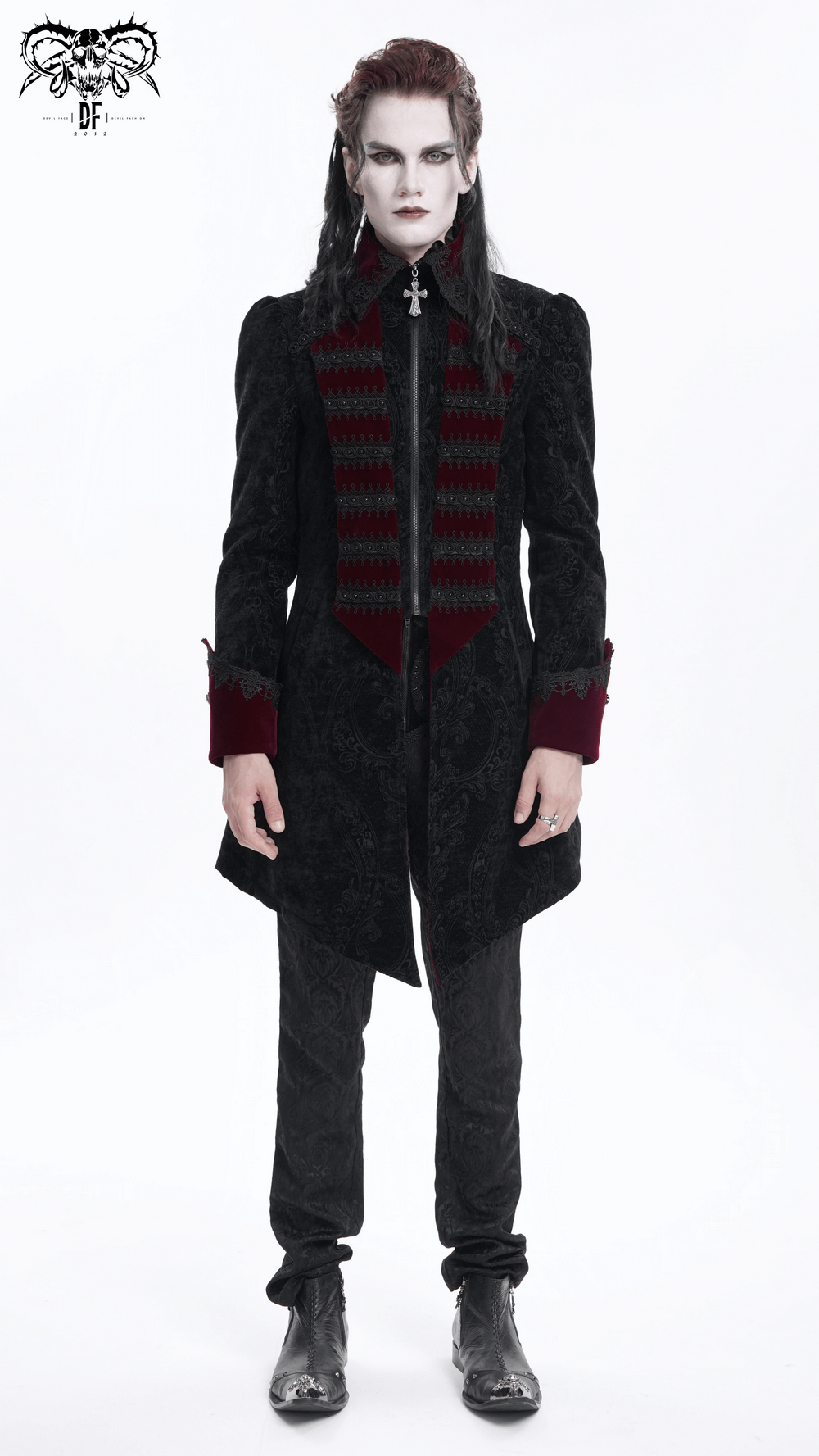 Vintage men's gothic tailcoat in brocade and velvet, featuring striking cross details, perfect for themed events.