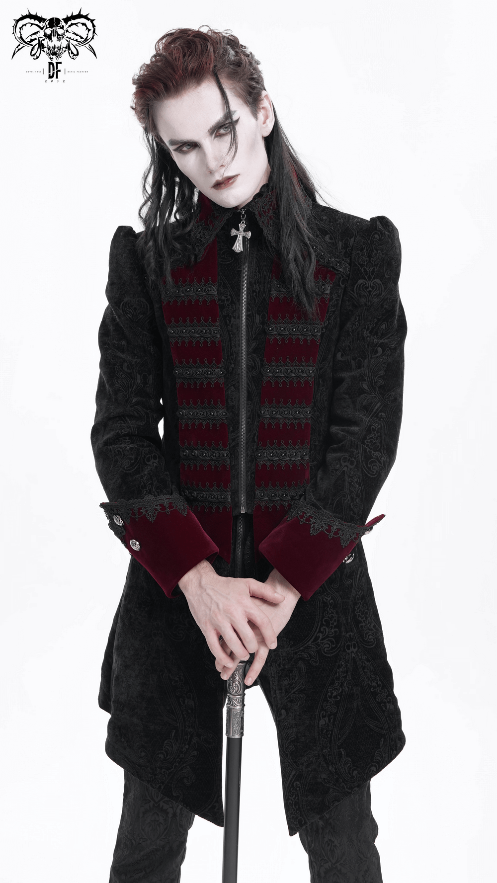 Men's Gothic trim tailcoat in black velvet and brocade, featuring cross details and a sophisticated tailored fit.