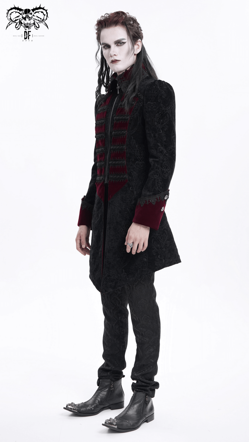 Stylish model in a vintage men's gothic trim tailcoat with cross details, exuding an aristocratic vibe in wine red and black.