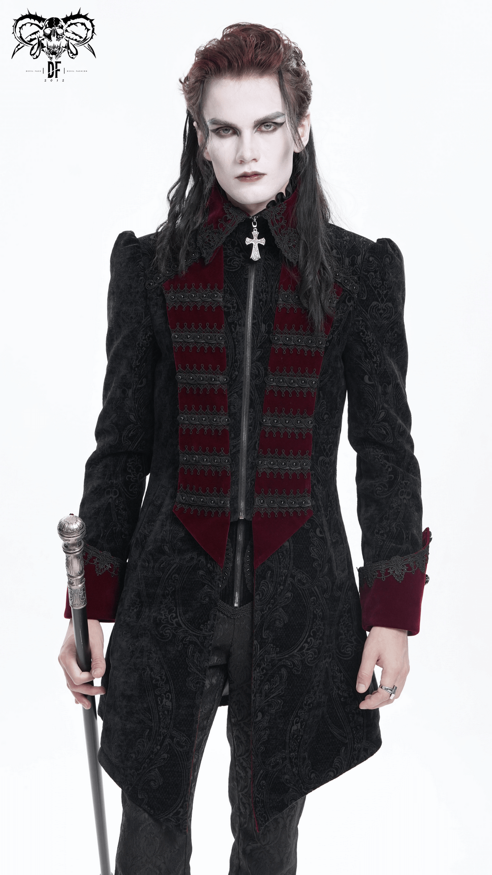 Vintage men's Gothic tailcoat with cross details in black and wine red, exuding an aristocratic vibe. Perfect for themed events.