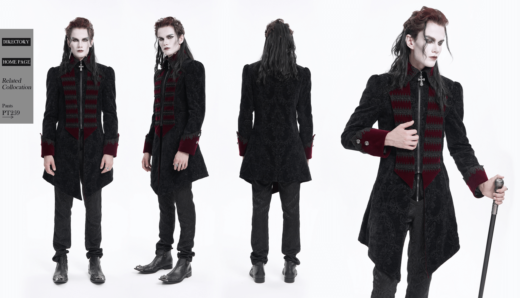 Men's Gothic Trim Tailcoat in black and wine red, featuring cross details and a tailored fit for a vintage aristocratic look.