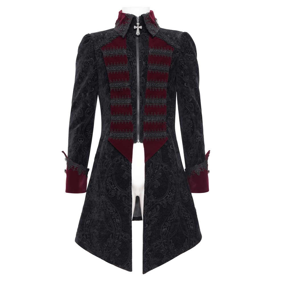 Men's Gothic brocade tailcoat in wine red and black with striking cross detail and velvet trims, perfect for themed events.