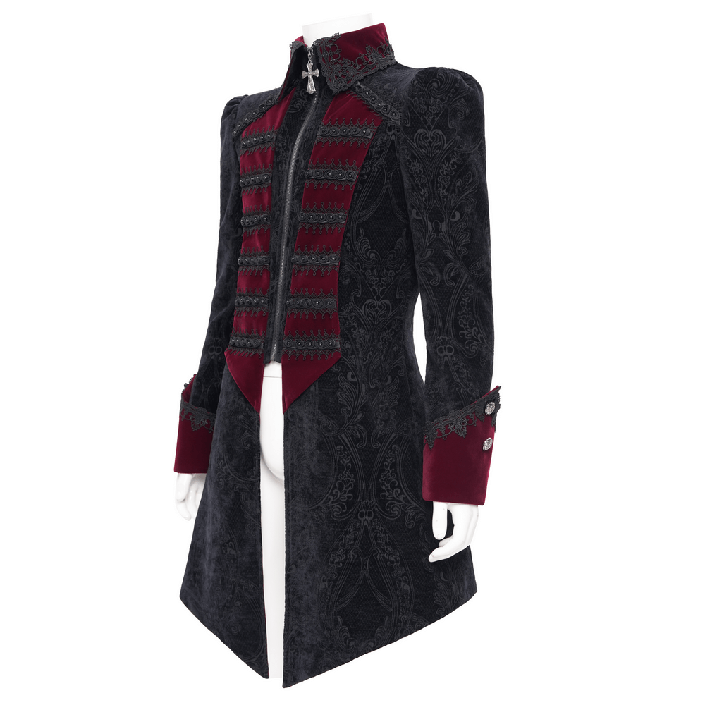 Vintage men's gothic trim tailcoat in black and wine red with intricate brocade and striking cross details.