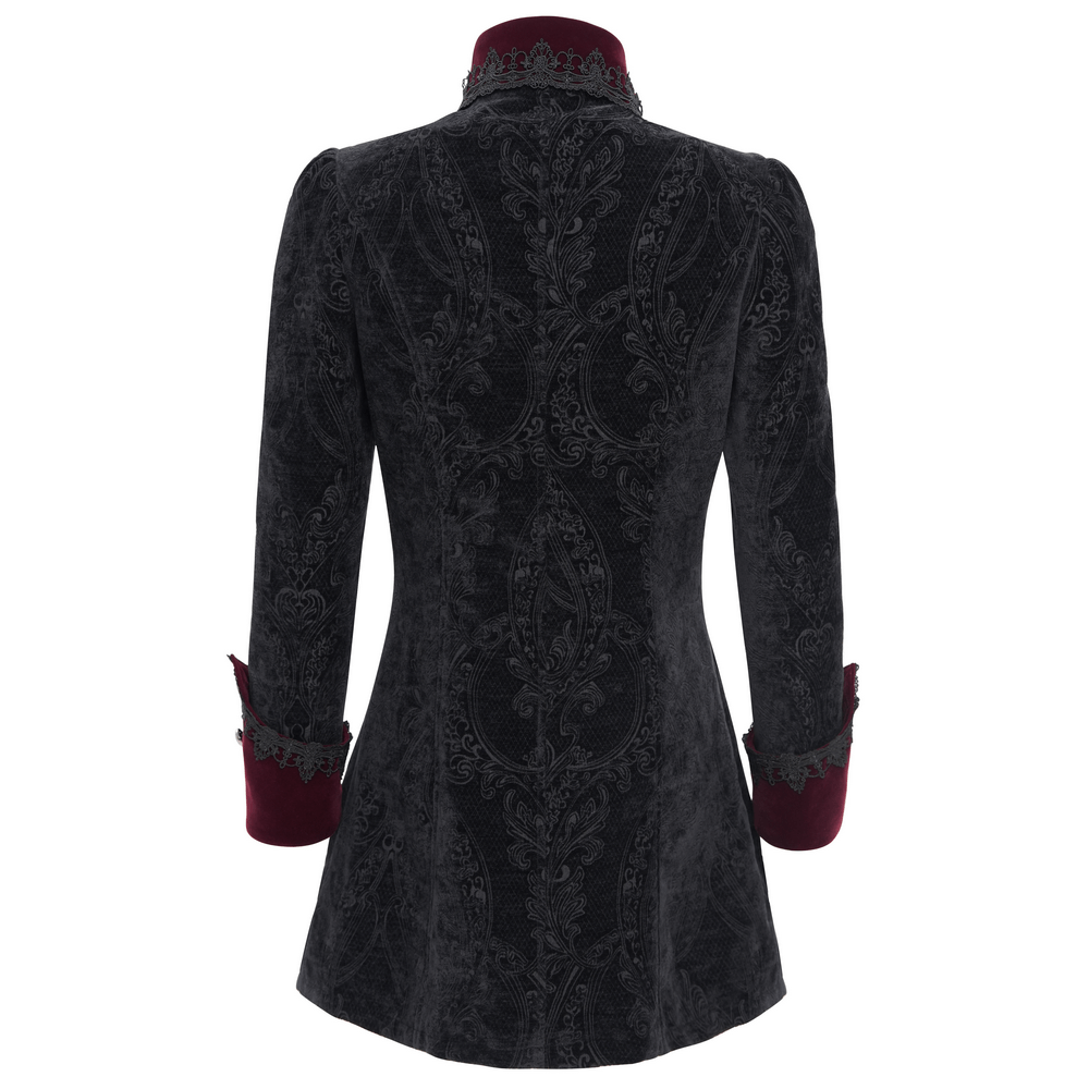 Back view of a Men's Gothic Tailcoat in black brocade with wine red velvet trims and intricate detailing.