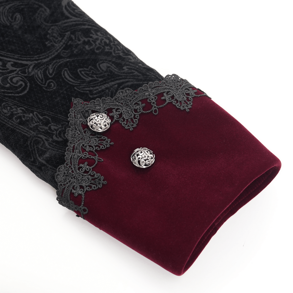 Close-up of the velvet cuff on a Men's Gothic tailcoat with intricate lace trim and ornate buttons.