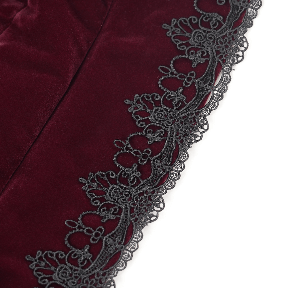 Elegant wine red velvet fabric with intricate black lace trim for a gothic vintage style tailcoat.