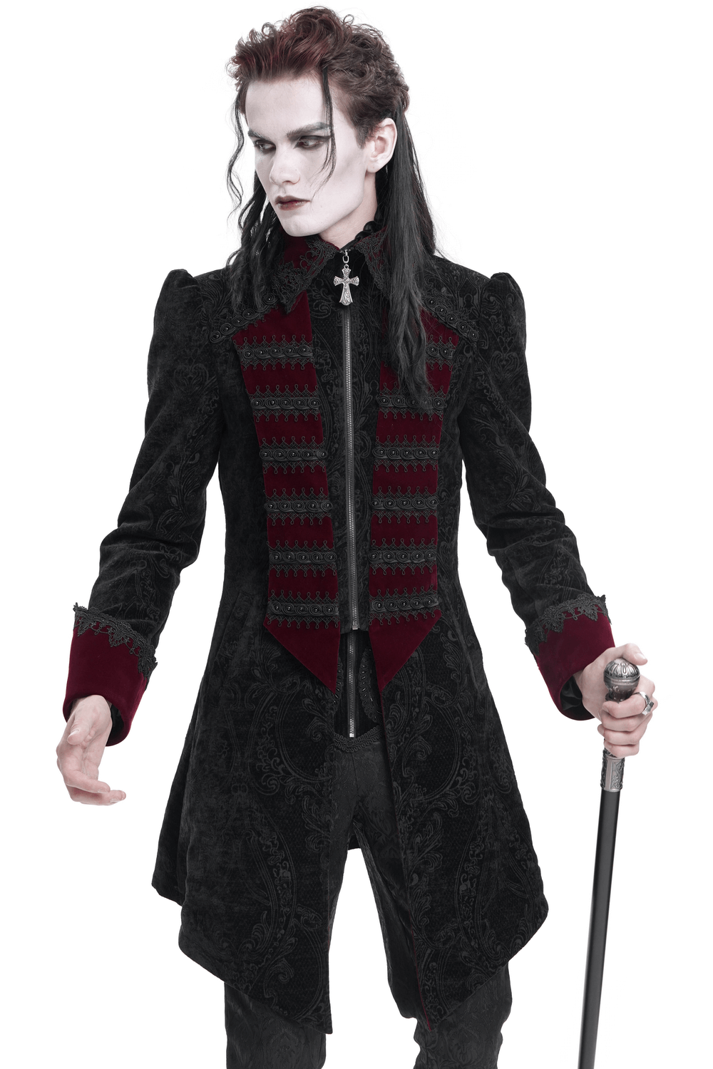 Vintage men's Gothic tailcoat in black velvet and brocade, featuring striking cross details and a dramatic, tailored silhouette.