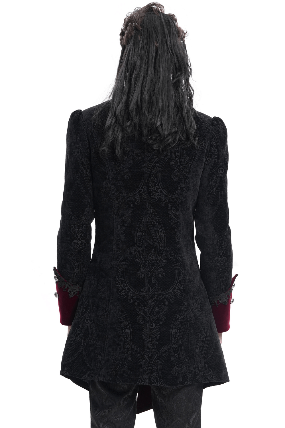 Back view of a vintage men's Gothic tailcoat in black brocade with wine red velvet trims and intricate detailing.