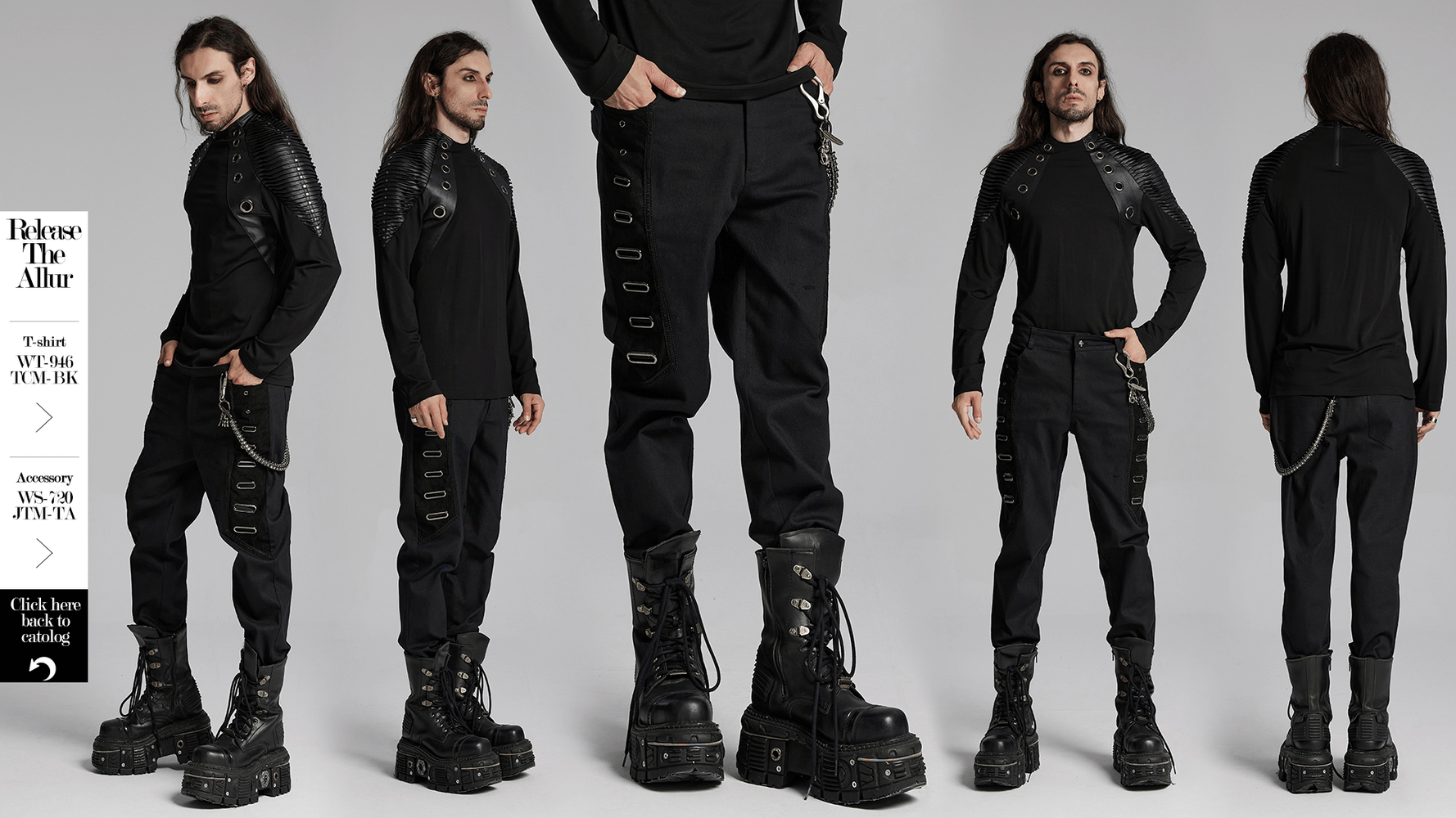 Men's gothic twill pants with PU leather details, featuring eyelet embellishments and lace accents for a punk street style.