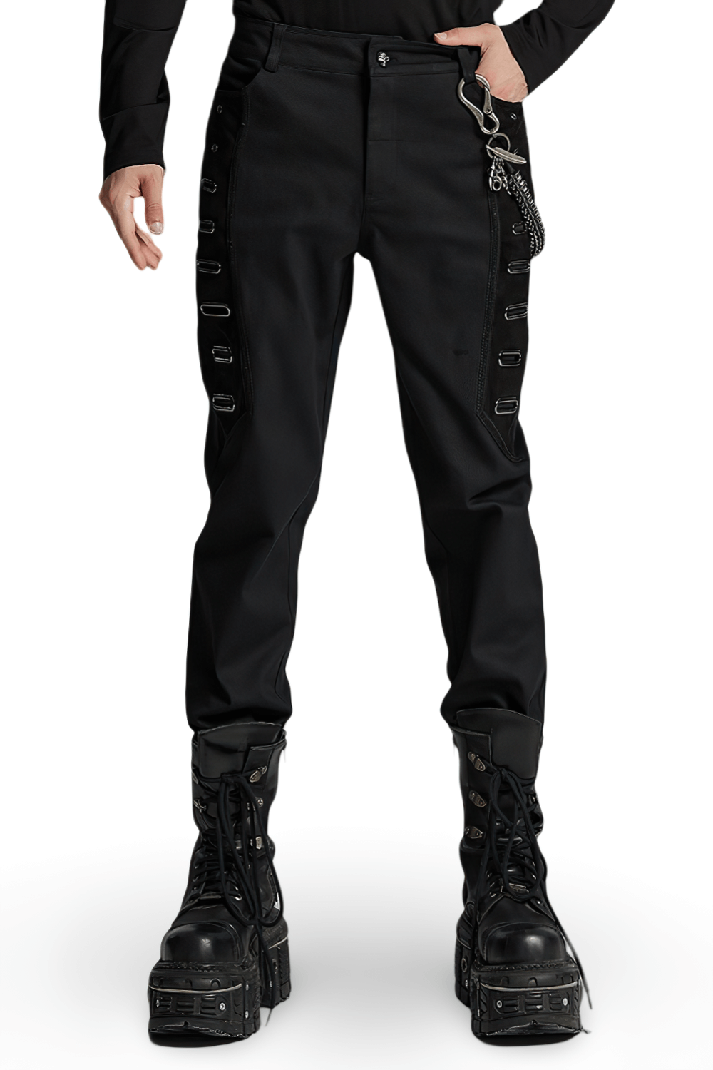 Men's gothic twill pants with eyelet details and chunky boots, perfect for punk streetwear style.