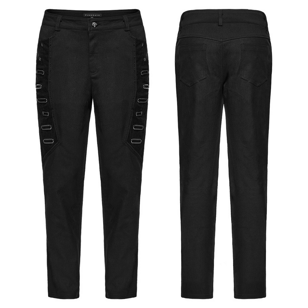 Men's gothic twill pants in black with PU leather details and eyelet embellishments on the sides, perfect for edgy streetwear.