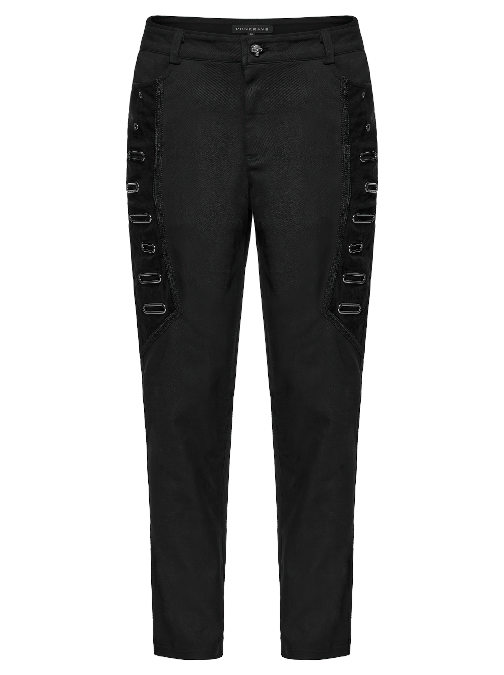 Men's Gothic twill pants with PU leather details and bold eyelet accents, perfect for punk streetwear style.