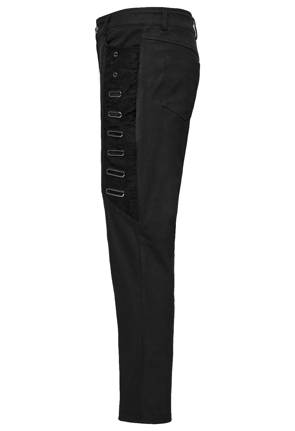 Men's gothic twill pants with PU leather eyelet details, showcasing a bold punk style for streetwear and festivals.