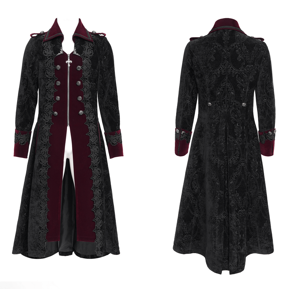 Men's Gothic Velvet Coat with Wine Red Trim, intricate brocade design, ideal for Victorian vampire cosplay.