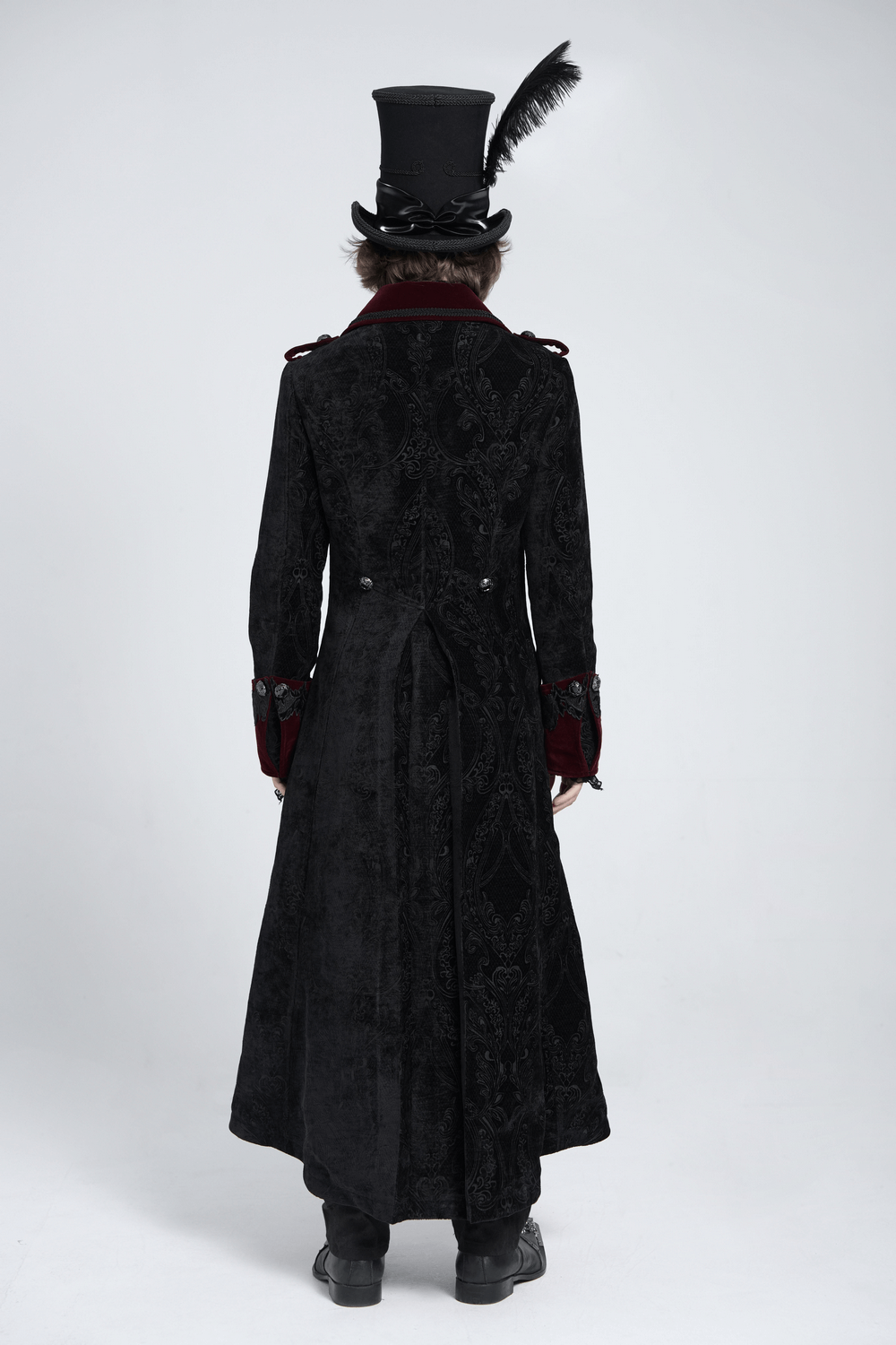 Men's gothic velvet coat with wine red trim and brocade, featuring a dramatic long silhouette and Victorian-inspired design.