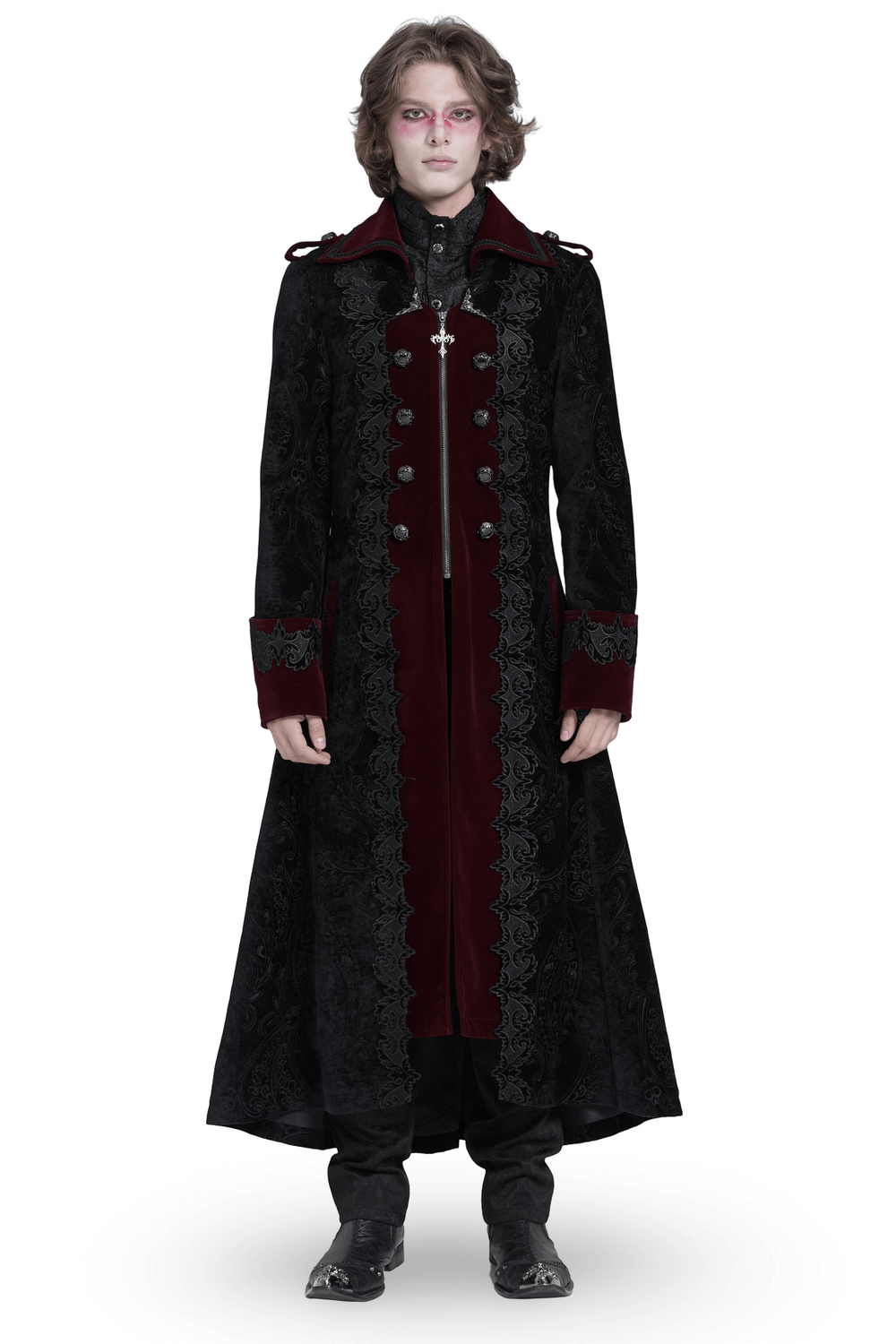 Men's Gothic velvet coat with wine red trim and brocade, perfect for Victorian vampire cosplay and gothic fashion.
