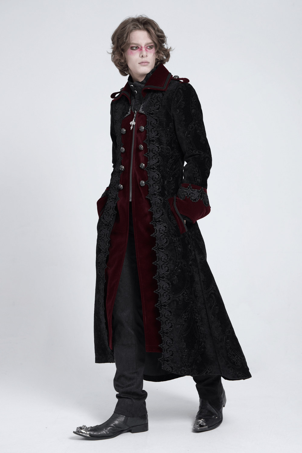 Men's gothic velvet coat with wine red trim and ornate brocade detail, perfect for cosplay and Victorian-inspired fashion.