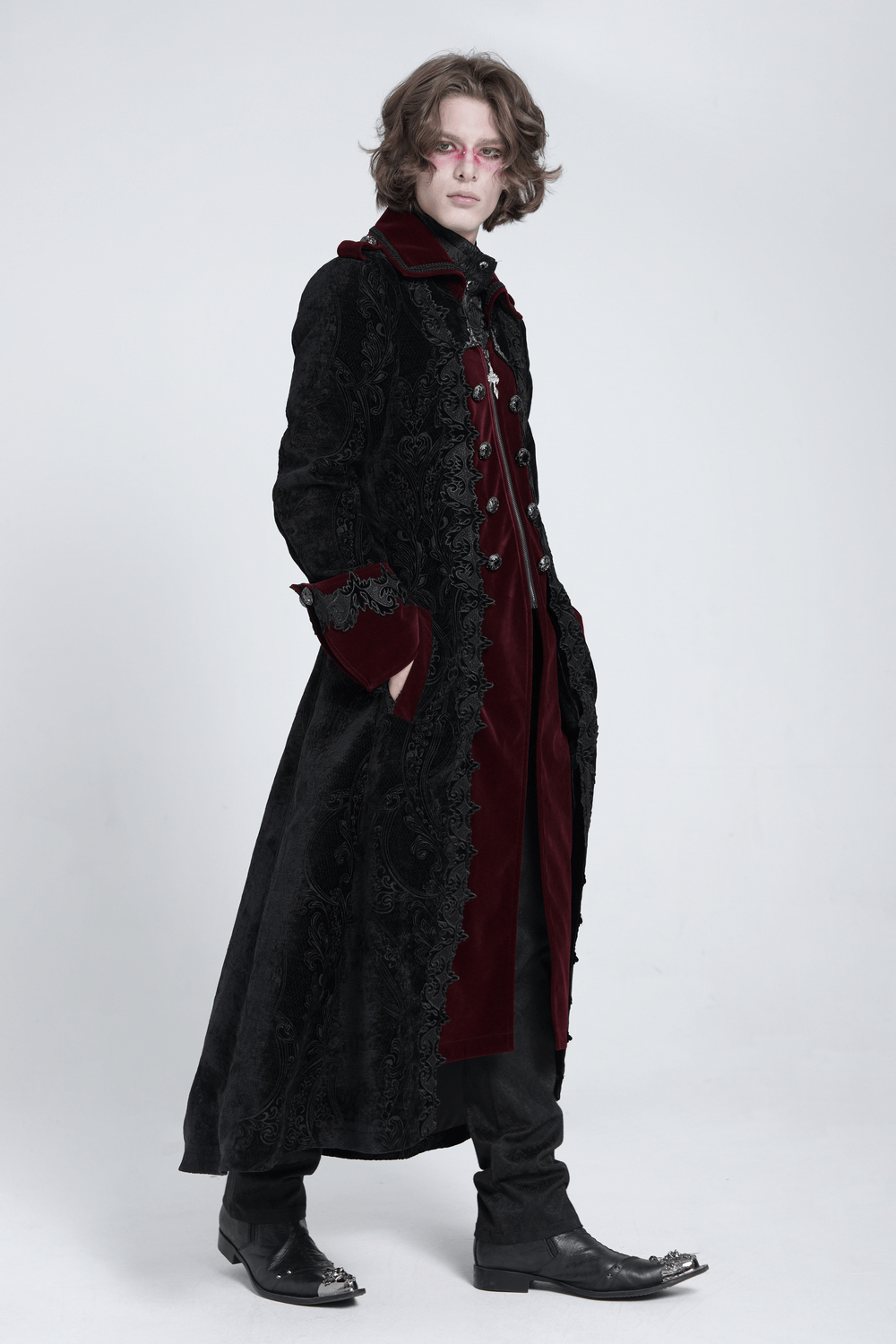 Men's Gothic velvet coat with wine red trim, brocade details, and Victorian vampire style, perfect for dramatic outfits.