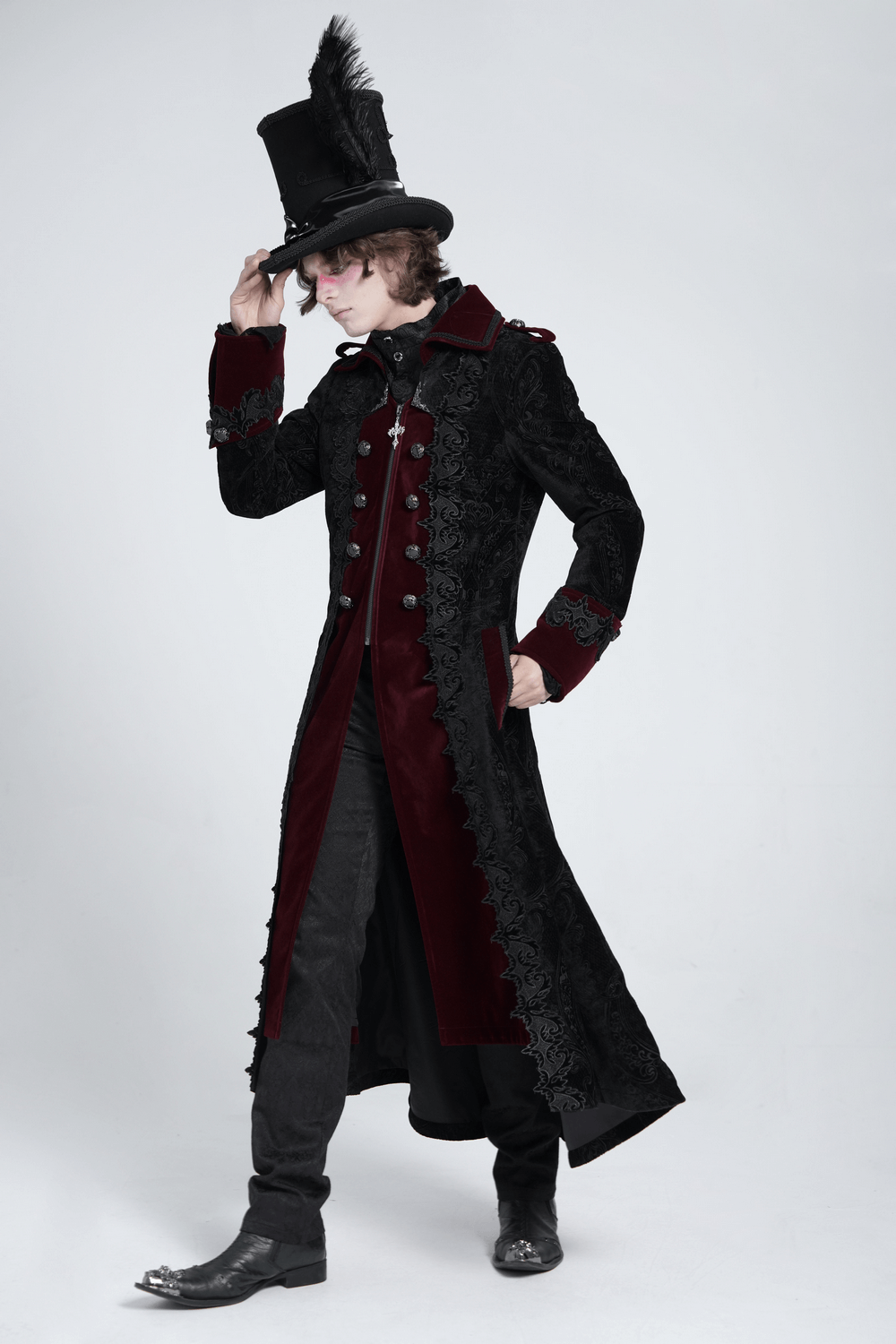 Men's gothic velvet coat with wine red trim, ornate brocade, and a dramatic Victorian silhouette.
