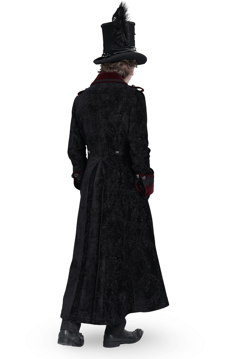 Back view of a men's gothic velvet coat with wine red trim, showcasing ornate brocade and Victorian tailcoat style.