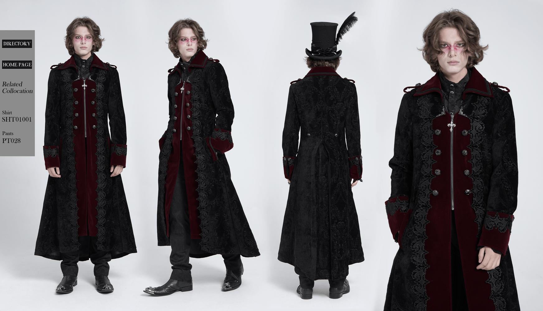Men's gothic velvet coat with wine red trim and brocade, featuring silver buttons and a dramatic Victorian silhouette.