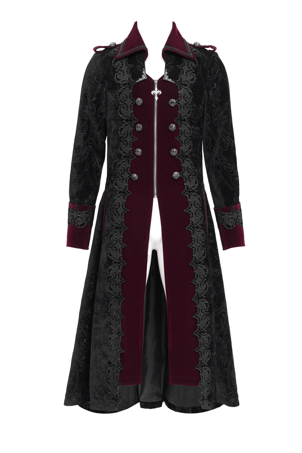 Men's Gothic velvet coat with wine red trim and brocade detailing, Victorian vampire-inspired fashion.
