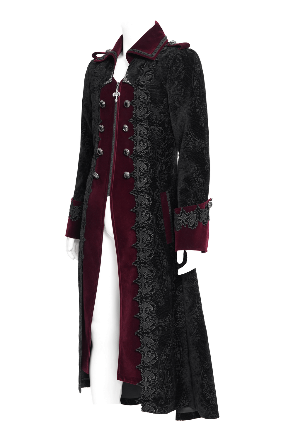 Men's Gothic Velvet Coat with wine red trim and ornate brocade detailing, perfect for Victorian vampire cosplay.