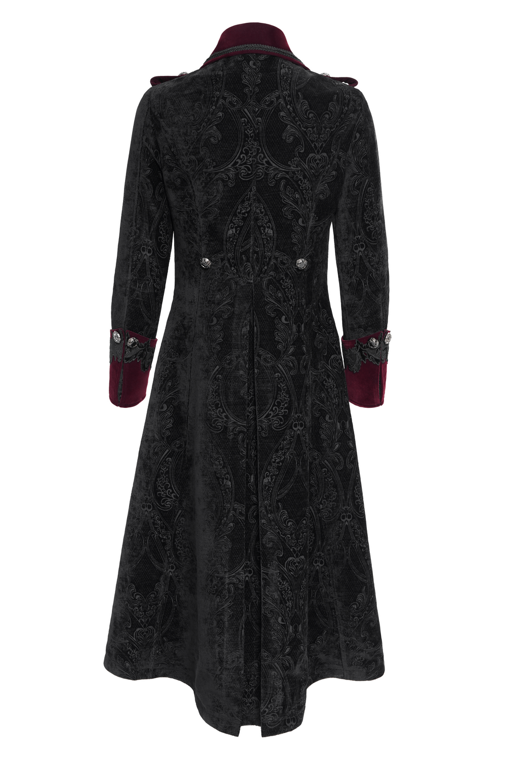Back view of men's gothic velvet coat with wine red trim and brocade detailing, showcasing elegant Victorian style.