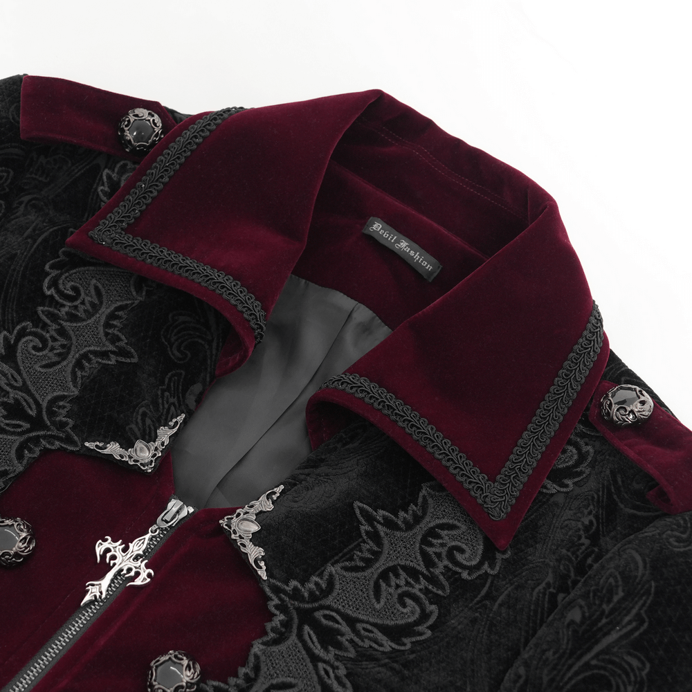 Men's gothic velvet coat with wine red trim, ornate brocade, and silver-tone buttons for a dramatic Victorian look.