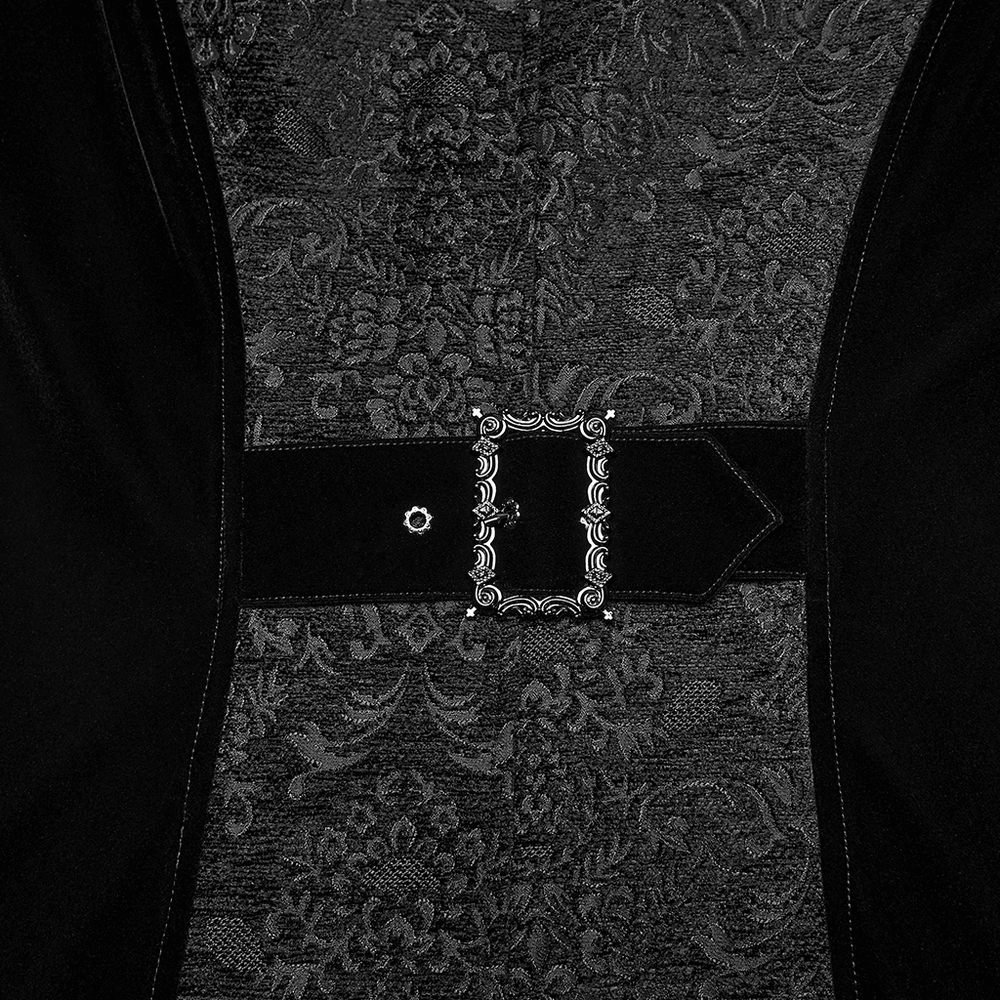 Men's Gothic Velvet Long Coat with Jacquard Detailing ornate buckle and detailed velvet fabric