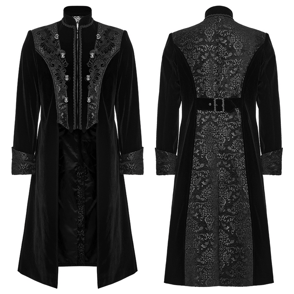 Men's Gothic Velvet Long Coat with Jacquard Detailing showcasing intricate palace embroidery and elegant trim.