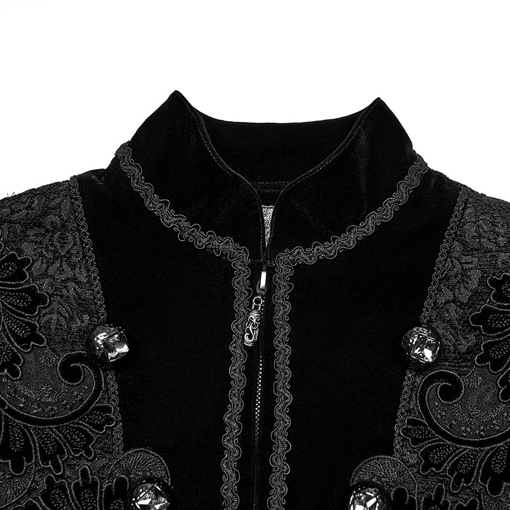 Men's Gothic Velvet Long Coat with Jacquard Detailing showcasing intricate embroidery and elegant velvet trim.