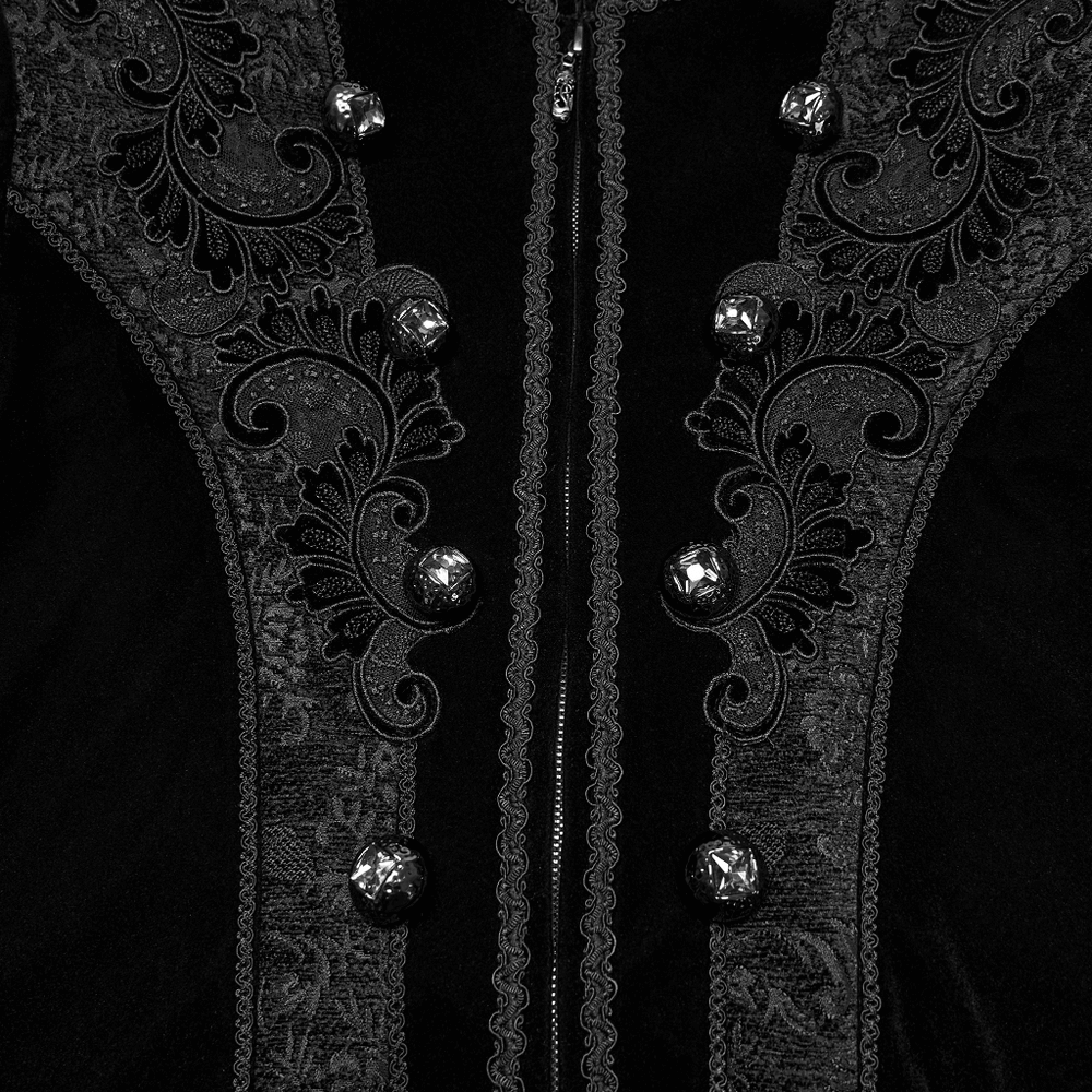 Men's Gothic Velvet Long Coat with Jacquard Detailing featuring intricate embroidery and glossy buttons.