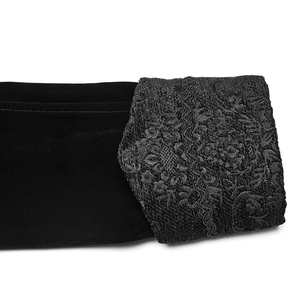 Men's Gothic Velvet Long Coat with Jacquard Detailing close-up of luxurious jacquard trim and elegant velvet fabric.