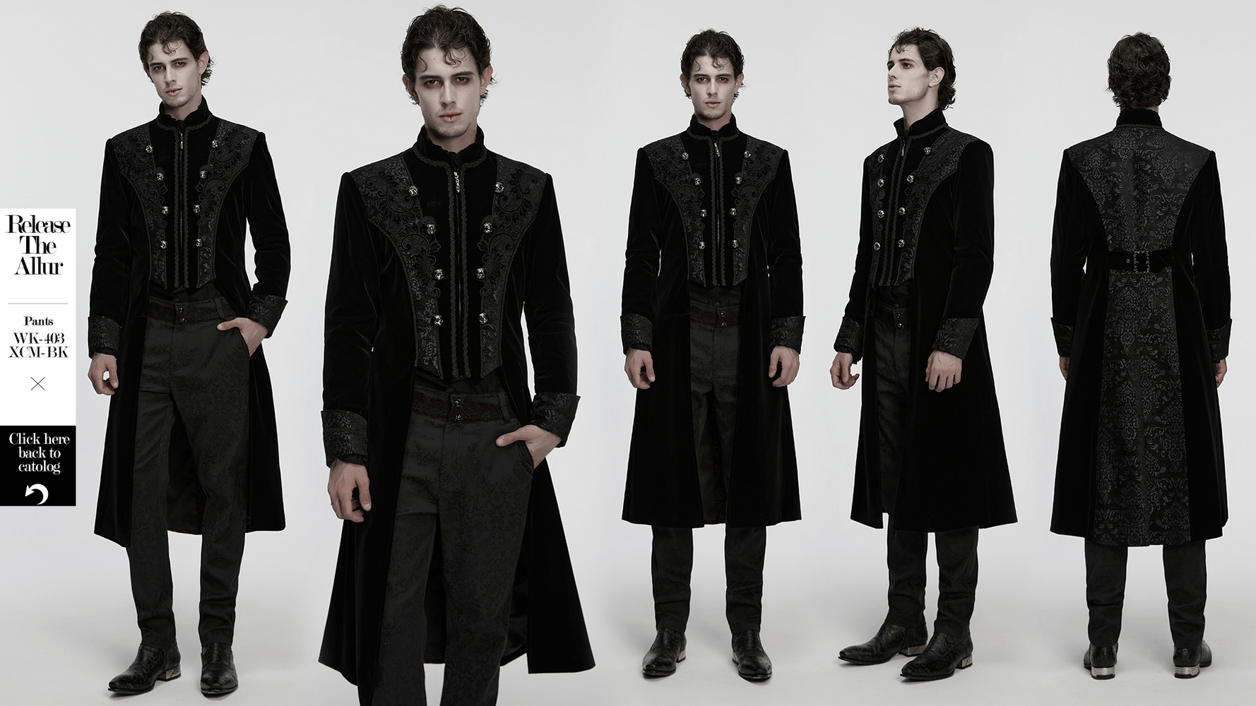 Men's Gothic Velvet Long Coat with Jacquard Detailing featuring intricate palace embroidery and rich velvet fabric.