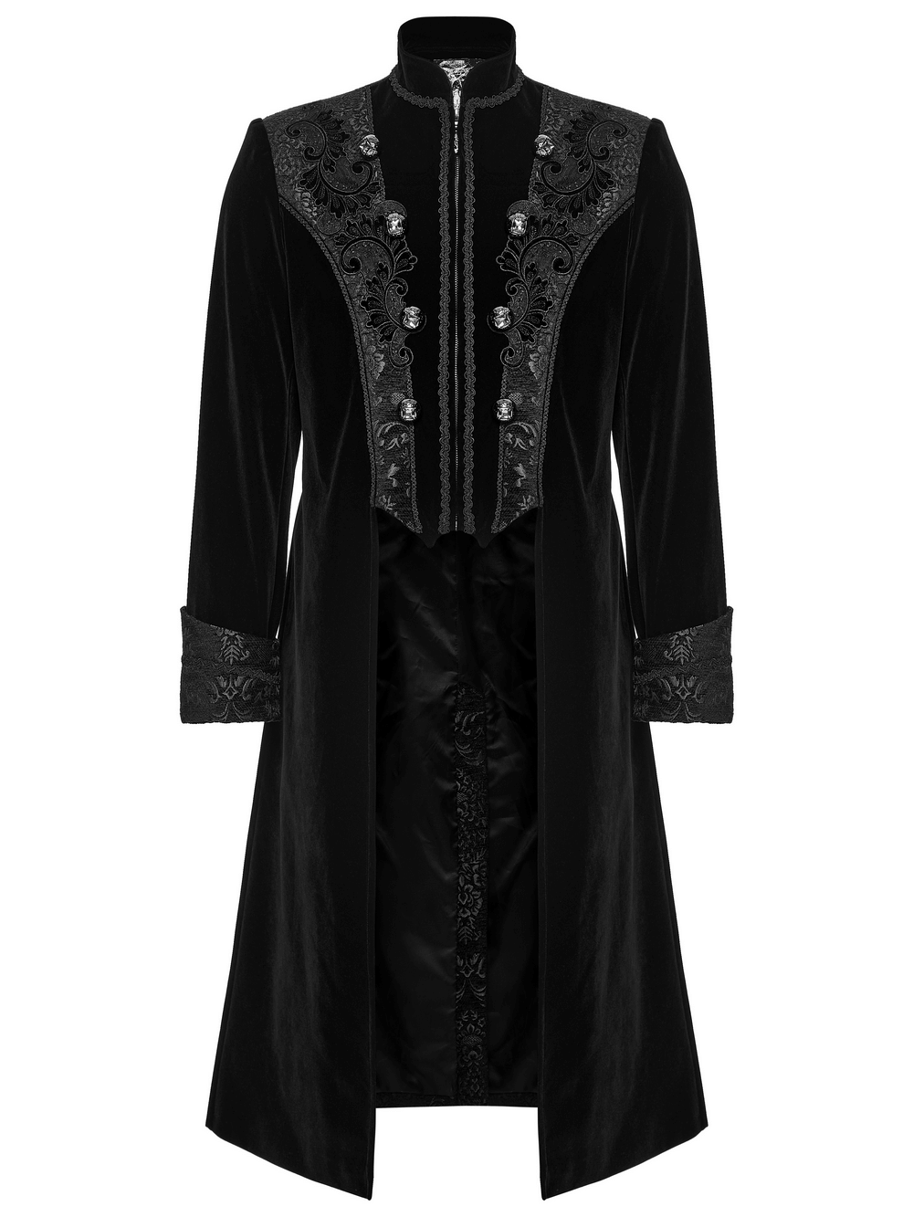 Men's Gothic Velvet Long Coat with Jacquard Detailing featuring palace embroidery and elegant velvet trim.