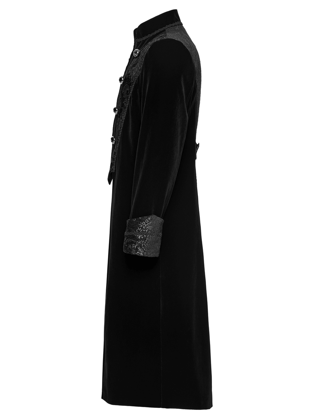 Men's Gothic Velvet Long Coat with Jacquard Detailing showcased from the side, featuring elegant velvet and intricate embroidery.