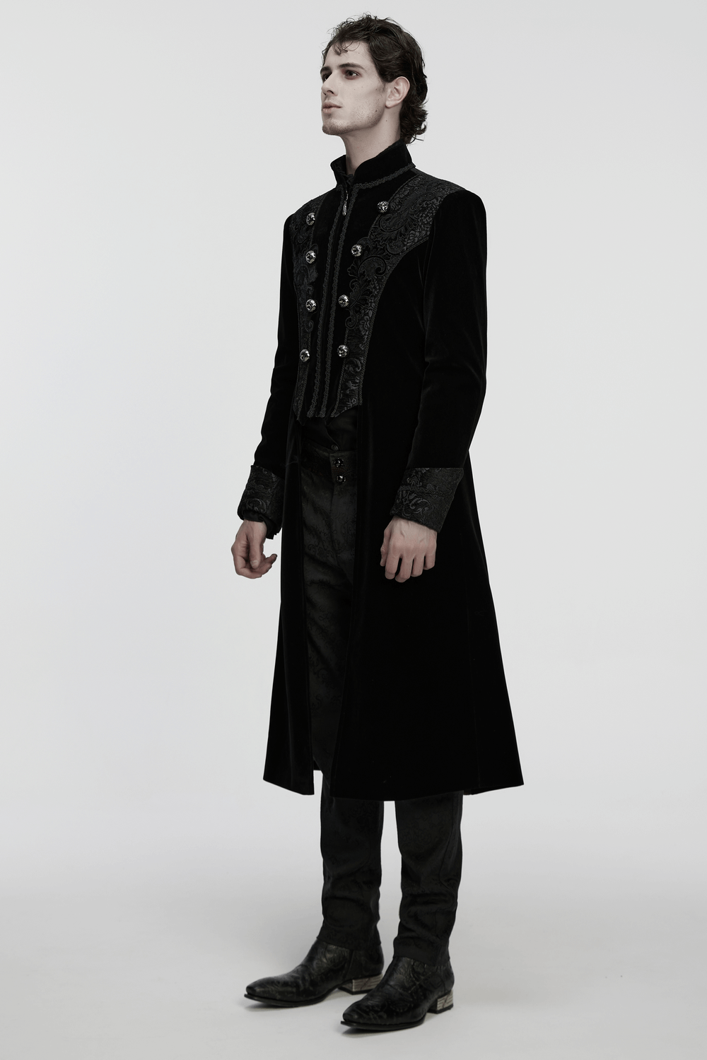 Men's Gothic Velvet Long Coat with Jacquard Detailing featuring palace embroidery and elegant velvet trim.