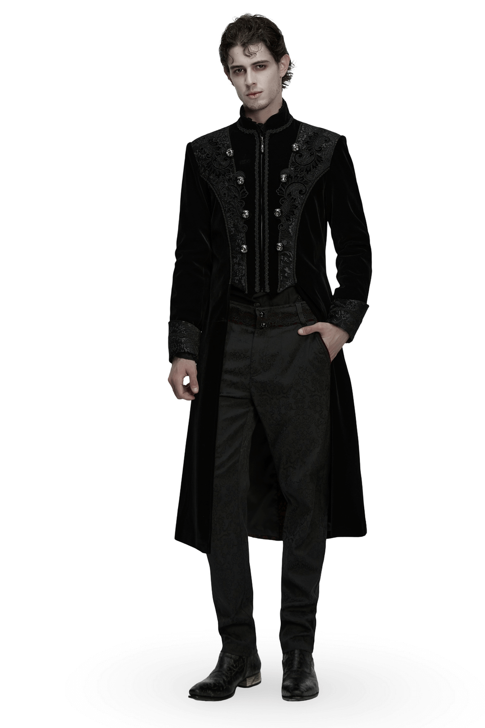 Men's Gothic Velvet Long Coat with Jacquard Detailing featuring palace embroidery and elegant velvet trim.
