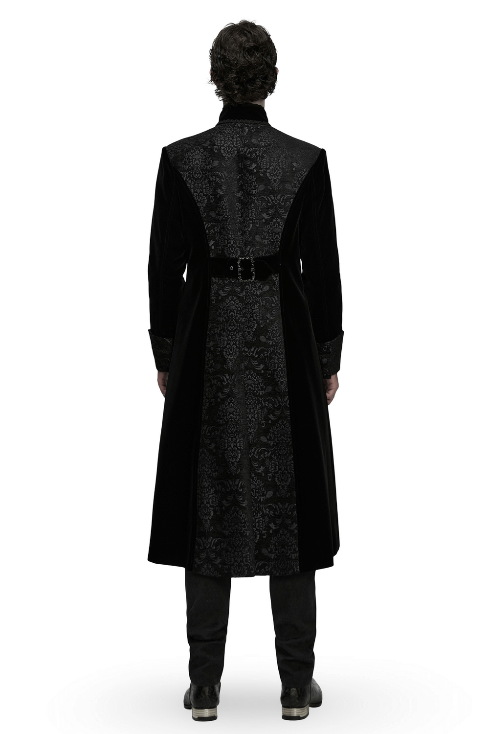 Men's Gothic Velvet Long Coat with Jacquard Detailing - back view showcasing palace embroidery and elegant velvet trim.