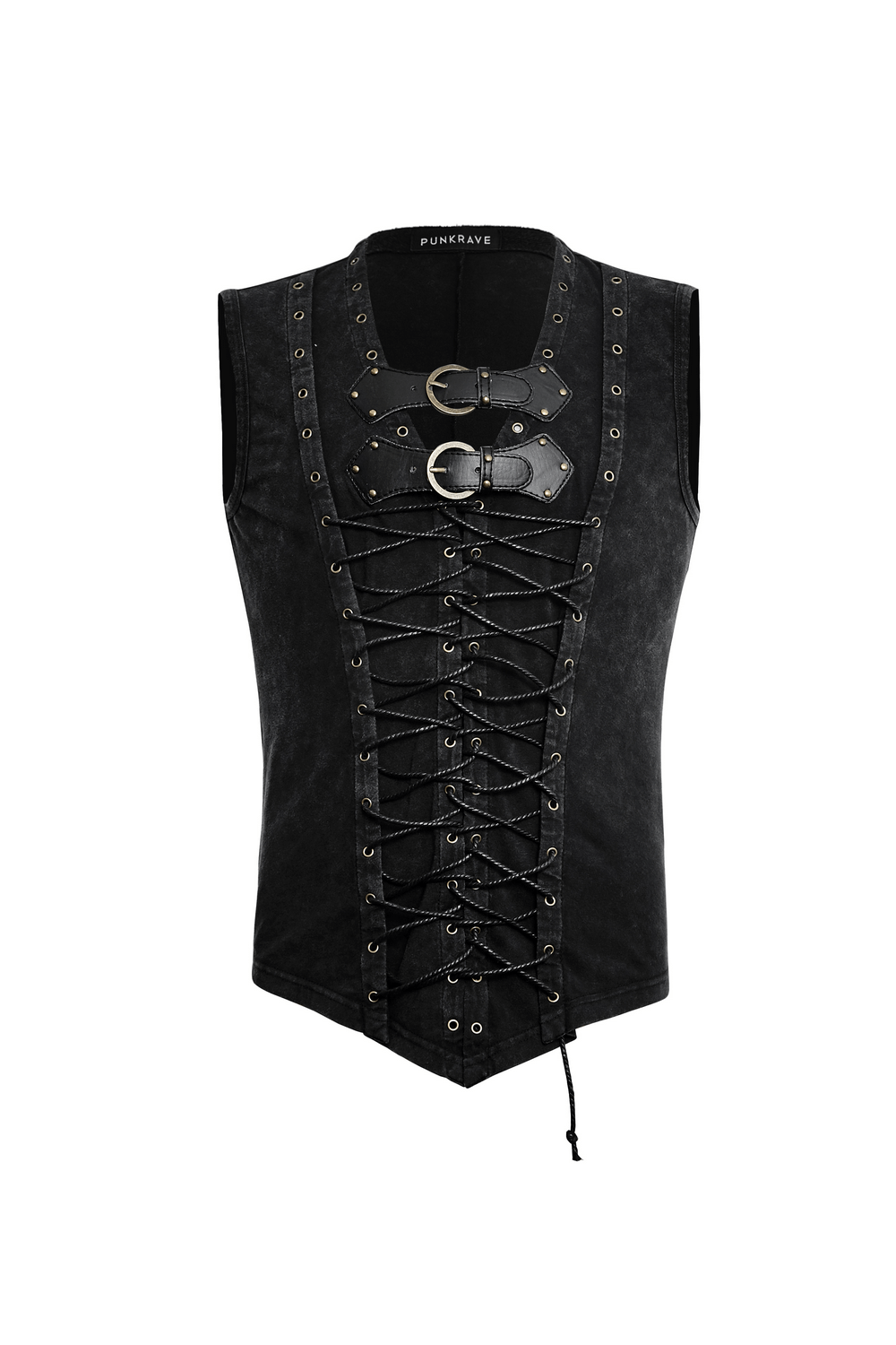 Men's Gothic vest with lace-up front and bronze buckles, perfect for punk rock style.