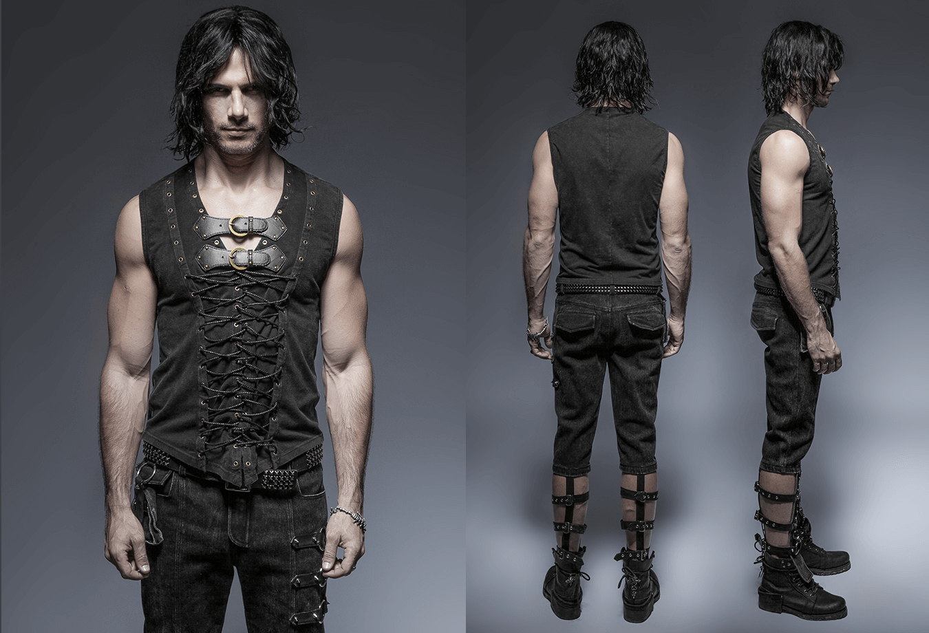 Men's Gothic vest with bronze hardware, lace-up front, showing edgy style from multiple angles. Perfect for punk rock looks.