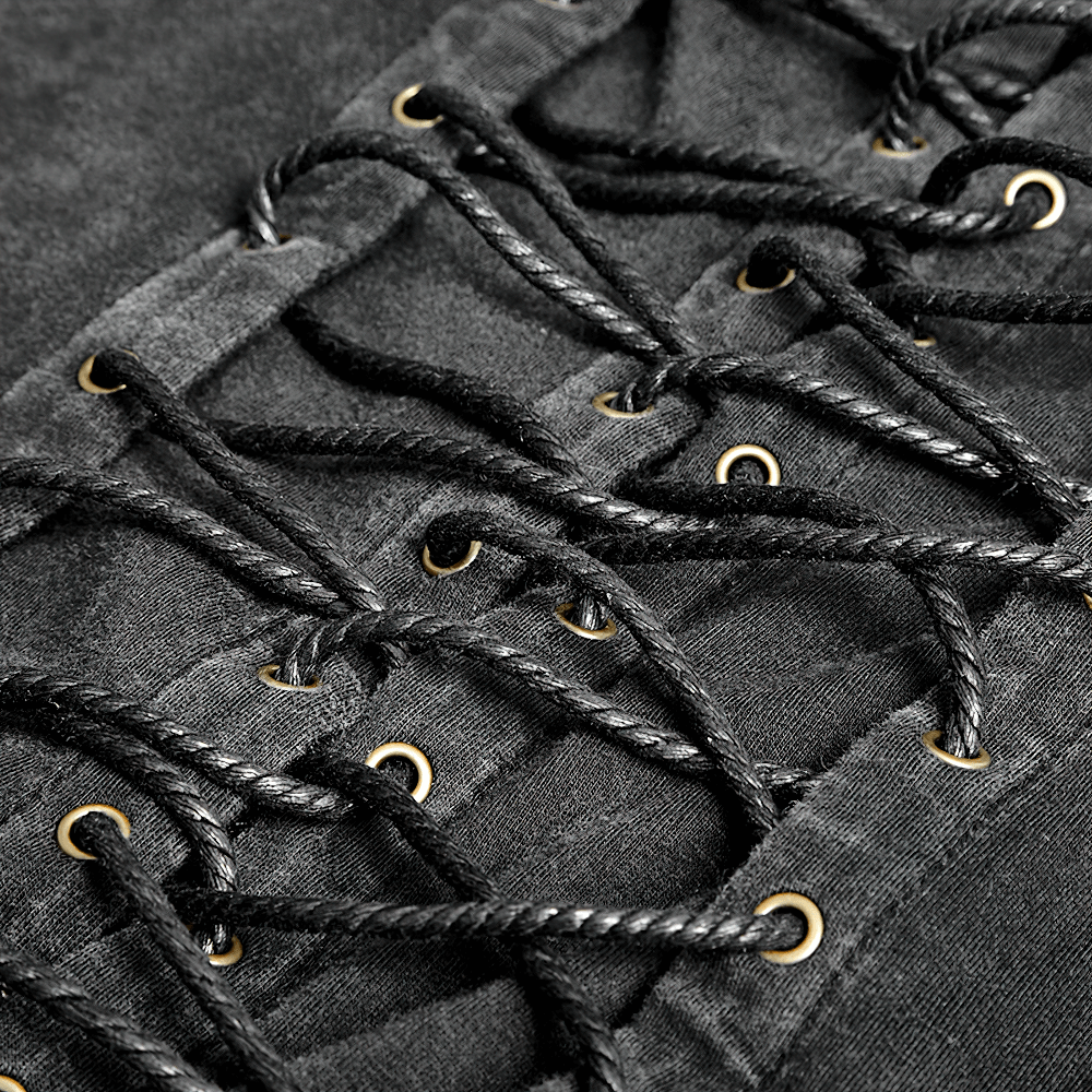 Close-up of black lace-up detail on Men's Gothic Vest featuring bronze hardware accents.