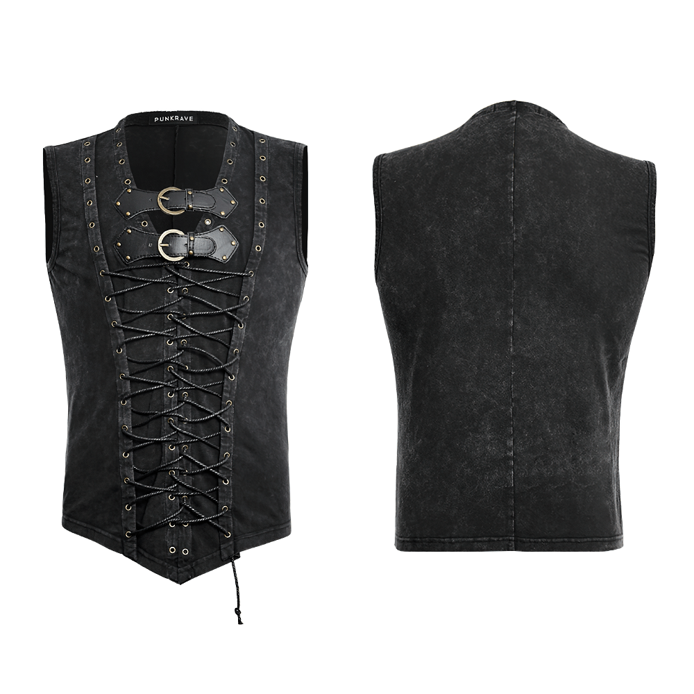 Men's Gothic vest with lace-up front and bronze buckles, perfect for punk rock style enthusiasts.