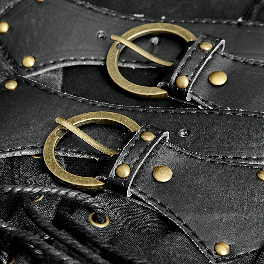 Close-up of bronze buckles and straps on a men's gothic steampunk vest, showcasing edgy detail and craftsmanship.