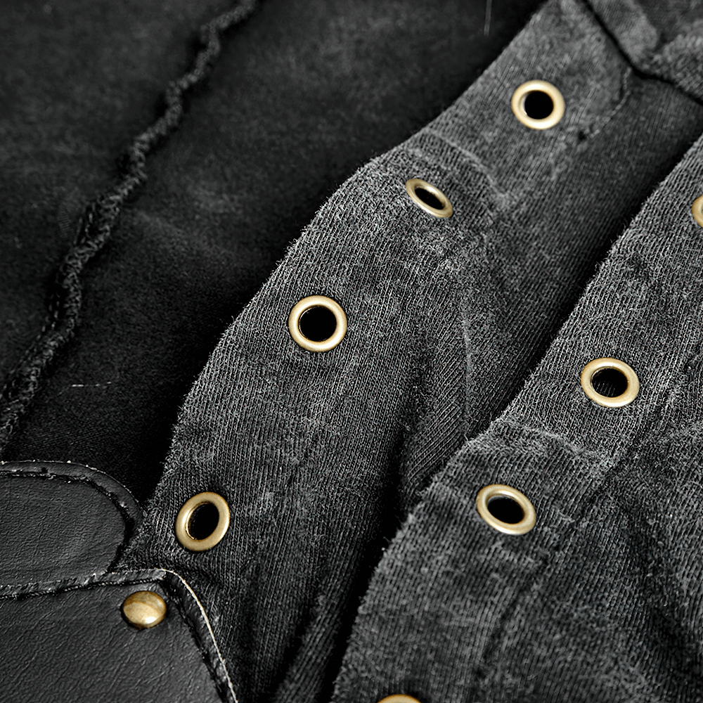Close-up of bronze hardware and lace-up detail on Men's Gothic Vest fabric, showcasing edgy steampunk style.
