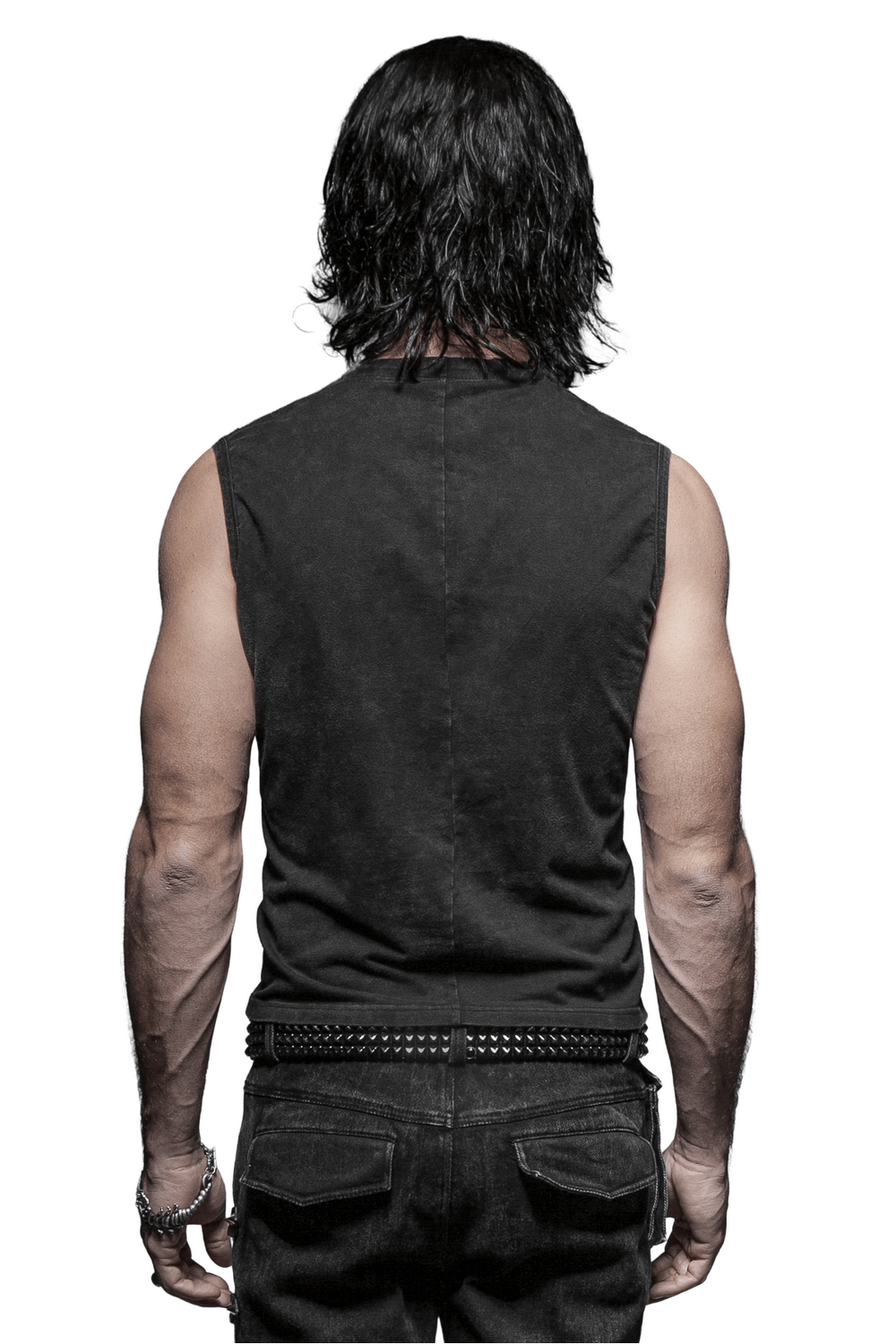 Back view of a man wearing a black Gothic vest, showcasing a punk rock style with a sleek and edgy look.