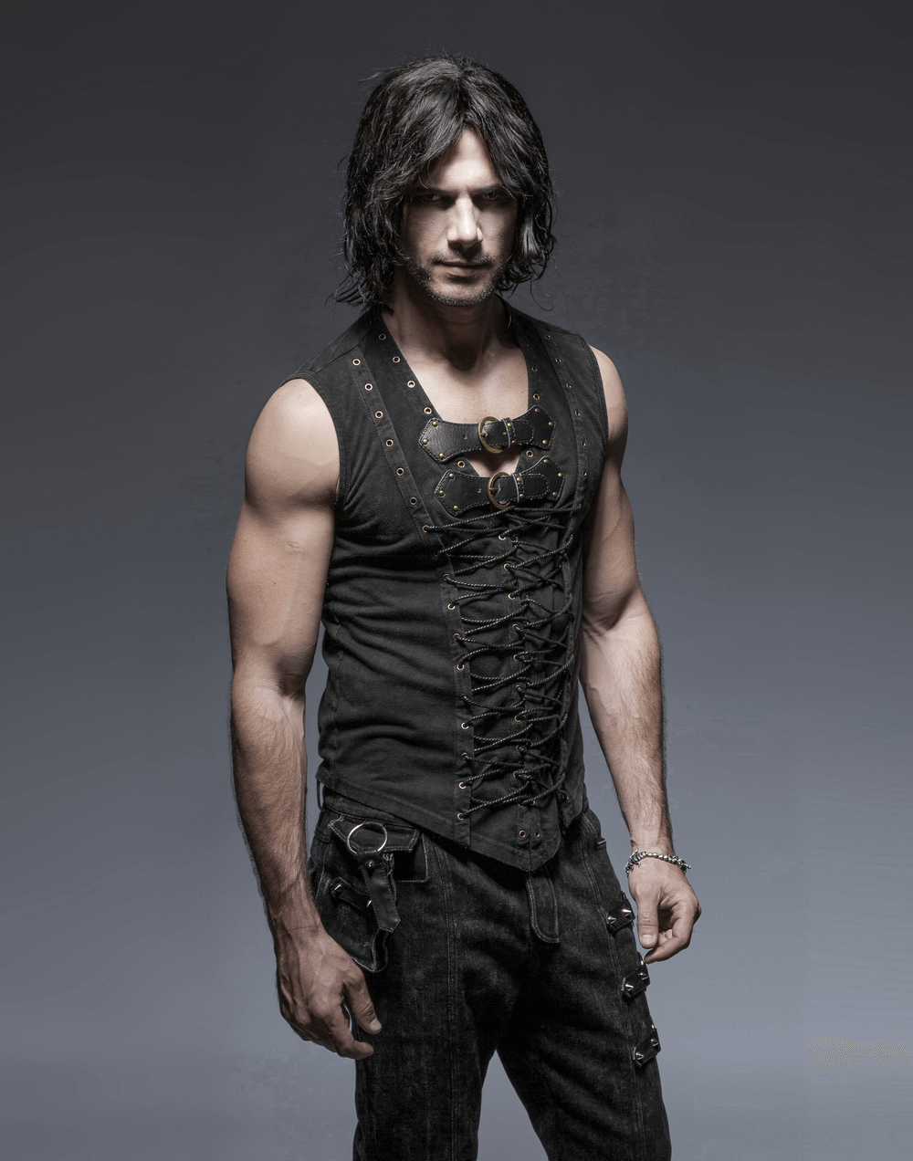 Men's Gothic vest with lace-up front and bronze buckles for a stylish punk rock look.